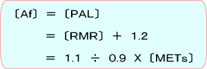 動作強度AfとPAL、RMR、METsの計算式。Af=PAL=RMR+1.2=1.1/0.9*METs